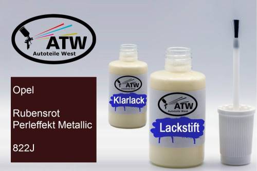 Opel, Rubensrot Perleffekt Metallic, 822J: 20ml Lackstift + 20ml Klarlack - Set, von ATW Autoteile West.